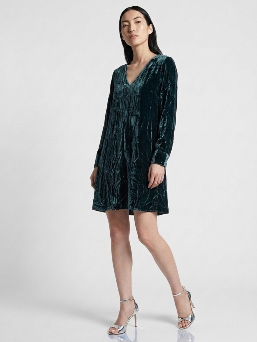 Loft Crushed Velvet V-Neck Long Sleeve Swing Dress - Deep Teal Fall Vibes